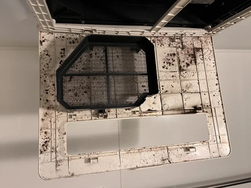 施工前：黒カビが点在する浴室換気扇のカバーとフィルター