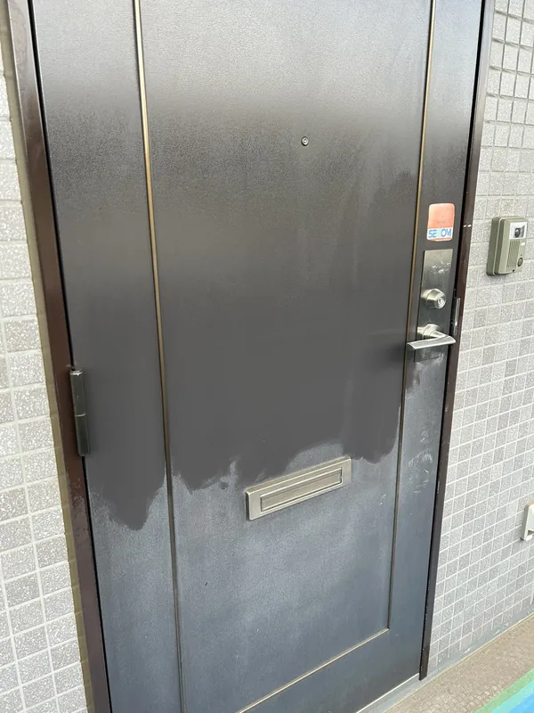 施工前：表面にムラと汚れが残る玄関ドア